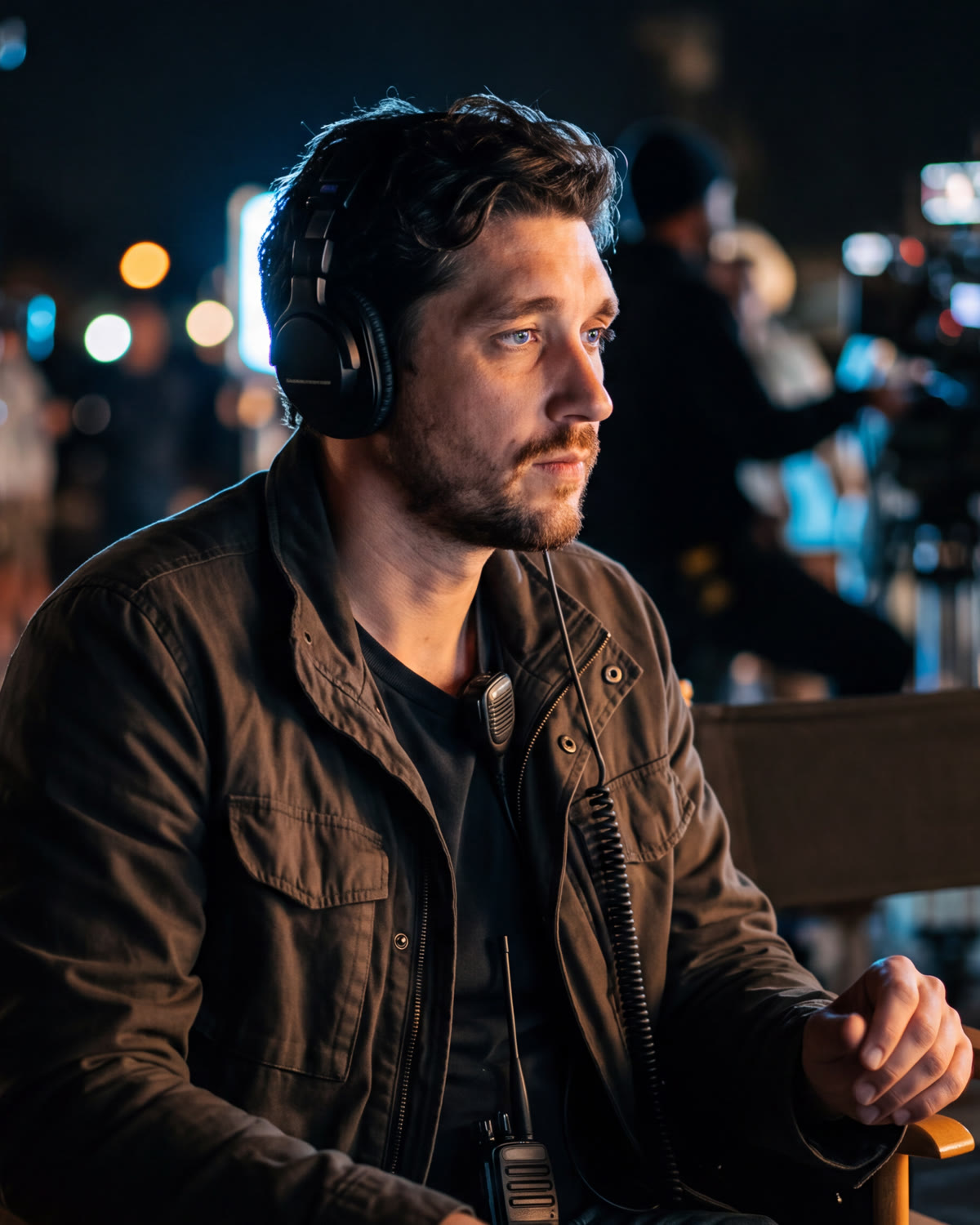 Michael Maher Jr. in a director's chair on a night set, wearing headphones, with a camera crew behind him